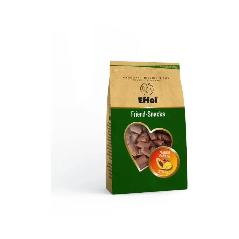 Green and beige package of effol friend-snacks mango papaya sticks horse treats for four-legged equine friends