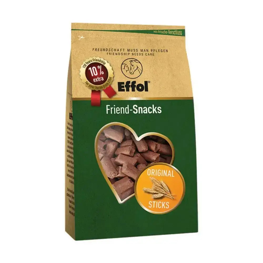 Effol friend-snacks original sticks in green and tan package with heart window showing chocolatey horse treats for four-legged equine friends