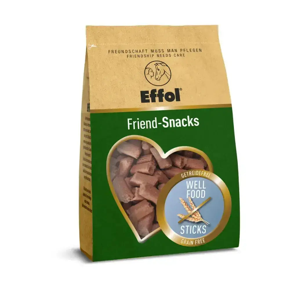 Effol friend-snacks grain-free horse treats in green and tan bag with heart window for four-legged equine friends