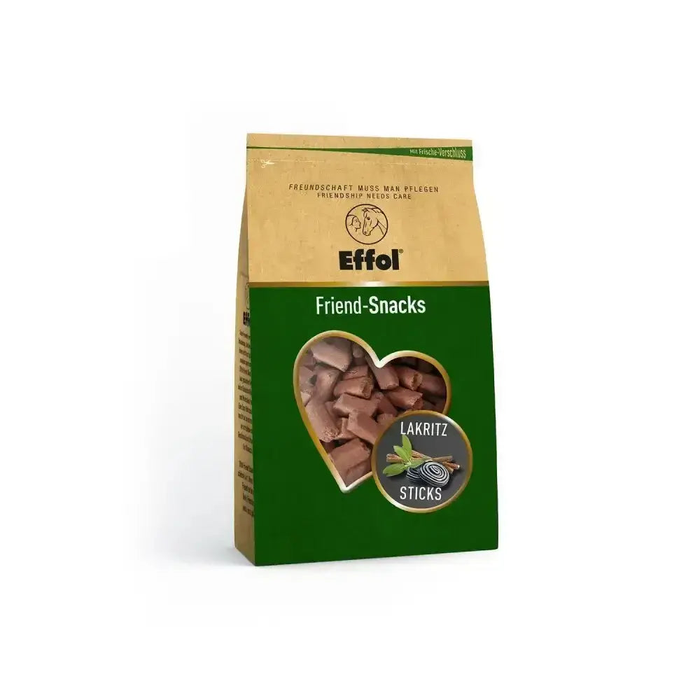 Effol friends snacks liquorice sticks in green and beige package with heart window showing chocolate sticks