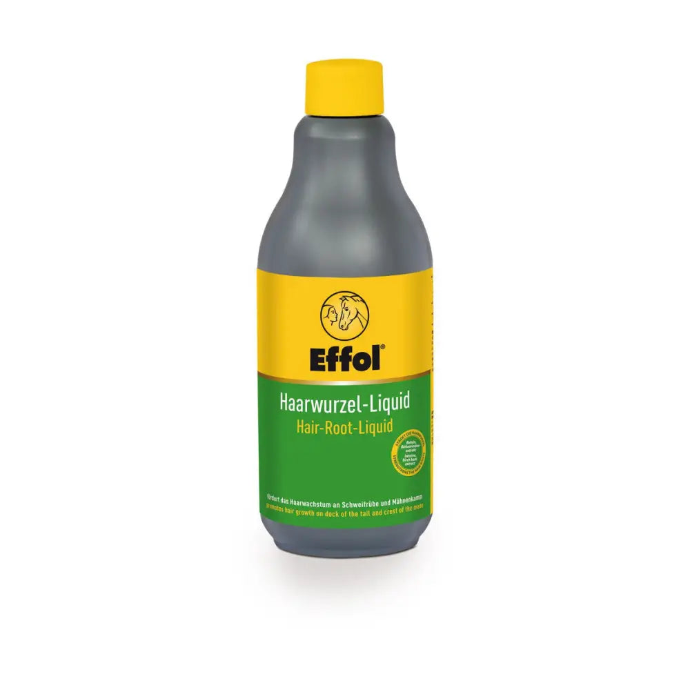 Effol hair root liquid in a dark gray bottle with bright yellow cap and label featuring green text and caffeine ingredient