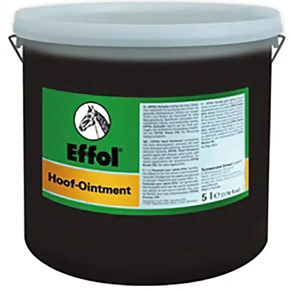 Black plastic bucket with white lid and green yellow effol hoof ointment label showing original ointment formula hoof ointment black