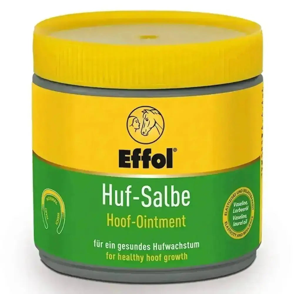 Effol hoof ointment yellow in a yellow and green container with original ointment formula for strong healthy hooves