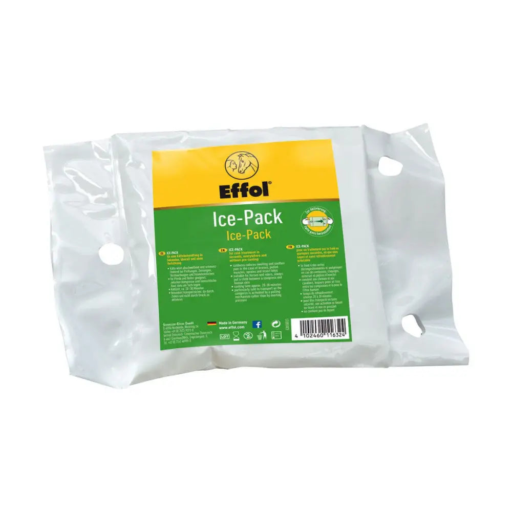 Effol ice pack in a white sealed pouch with green and yellow label for speedy cold treatment and secure ruck-zuck-pack