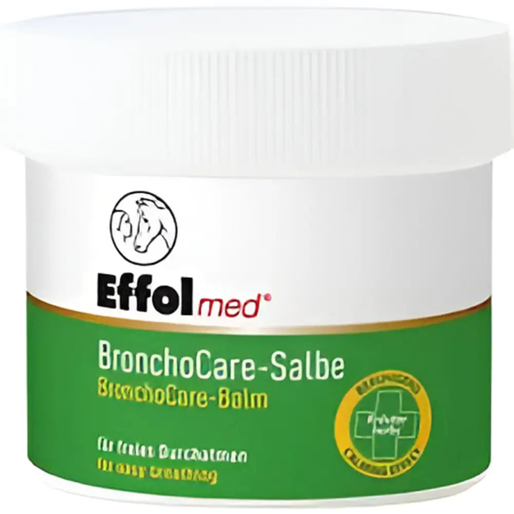 White plastic jar with green label and white lid of effol med bronchocare balm soothes irritated skin