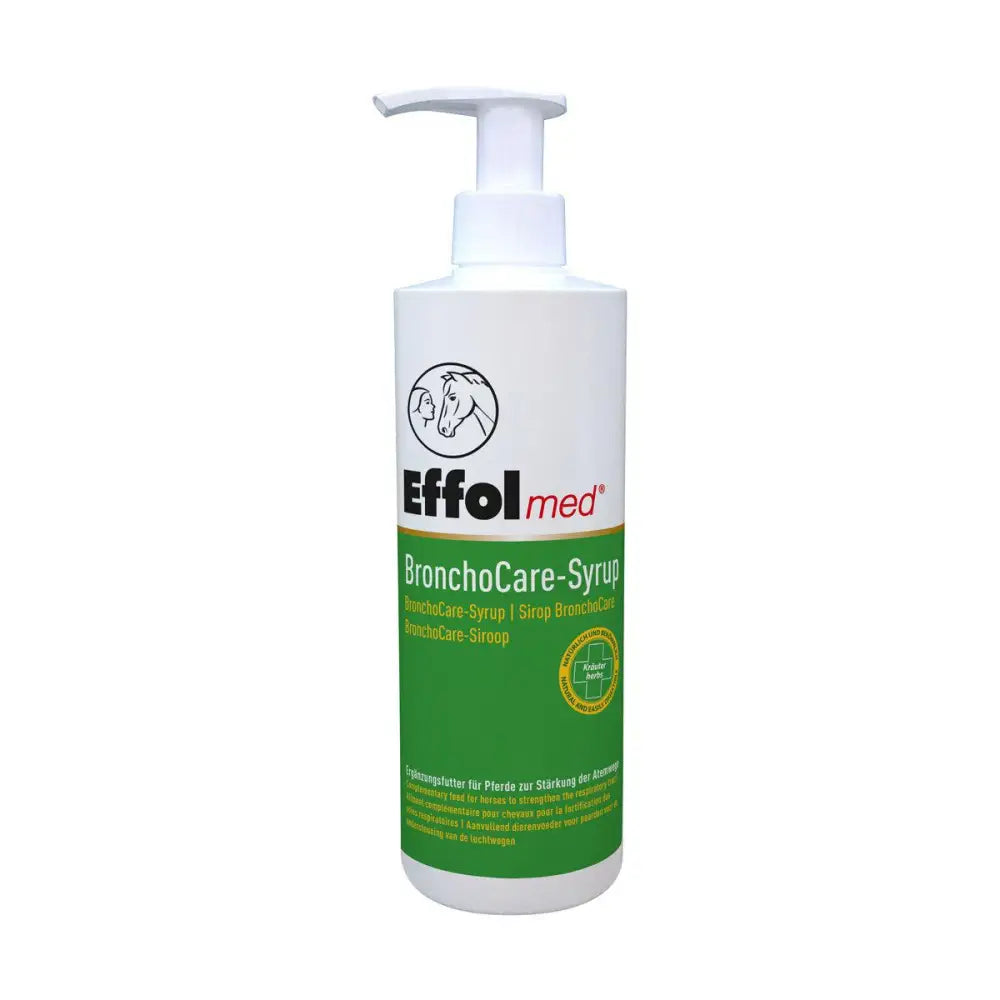White plastic bottle with green label and white pump dispenser labeled effol med bronchocare syrup