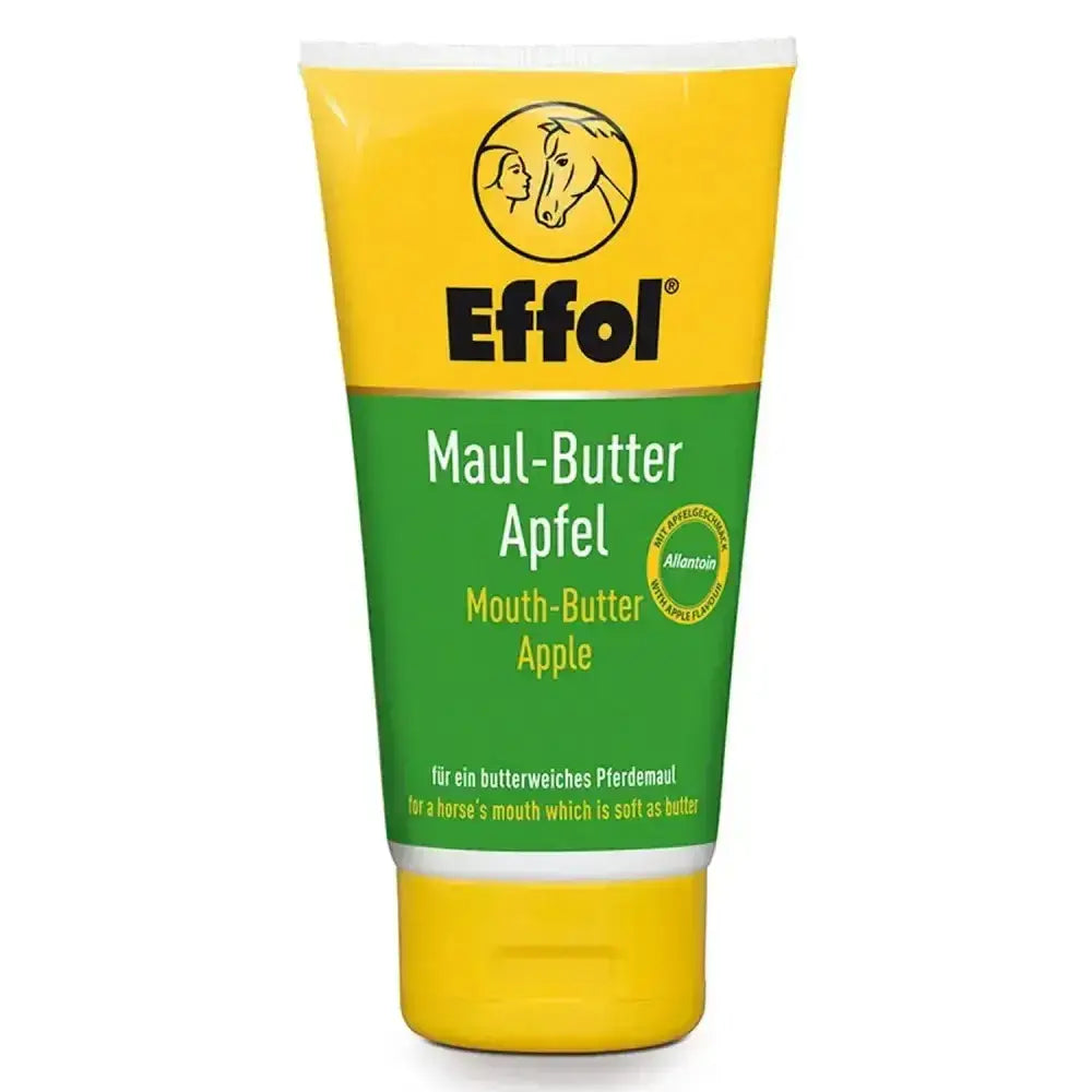 Yellow and green tube of effol mouth butter for a soft and gentle horse’s mouth care mouth butter makes biting easy