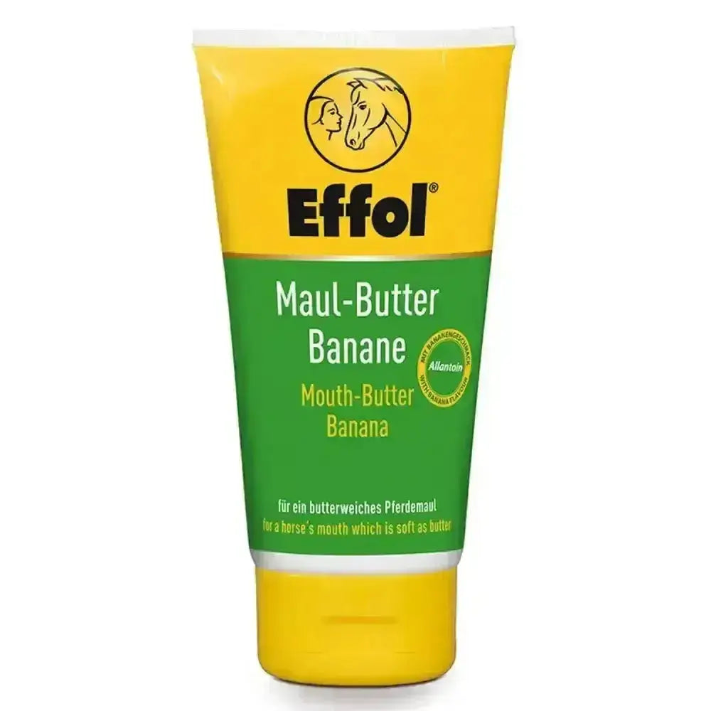 Yellow and green tube of effol mouth butter banana for soothing and caring a horses mouth with mouth butter makes healing easy