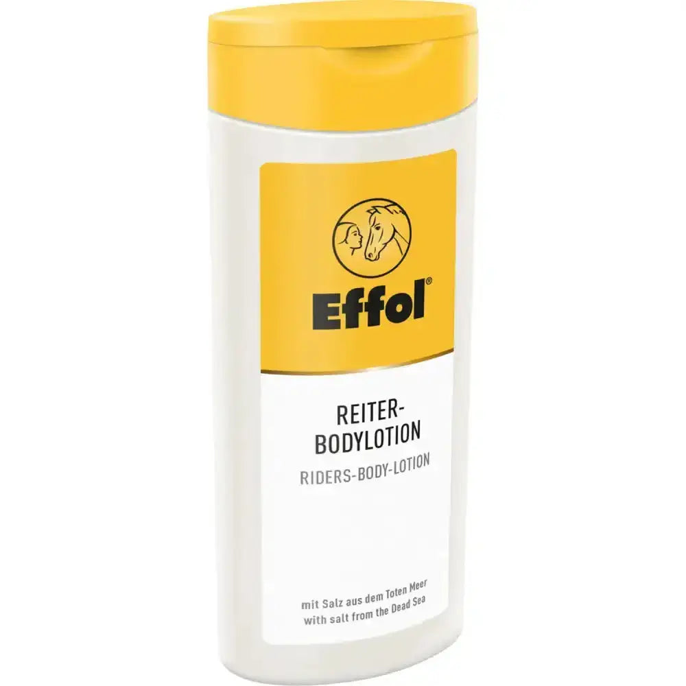 White cylindrical bottle with yellow cap and effol logo of horse and rider for effol riders body lotion