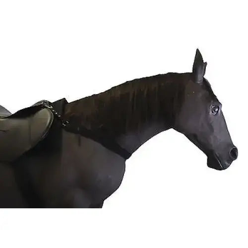 Black horse head with saddle featuring heavy duty triggers and saddle dees on elastic breast girth strap