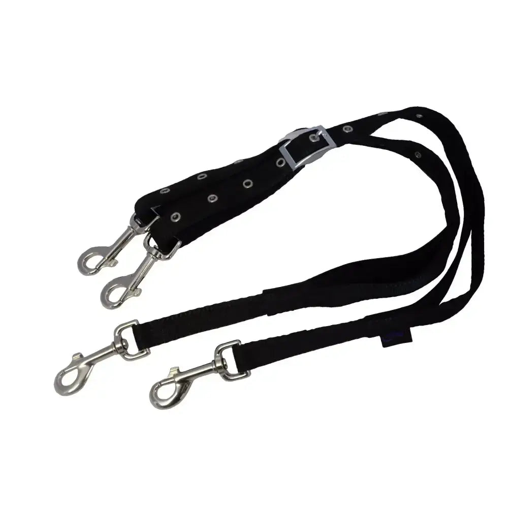 Black fabric elasticated side reins with silver trigger clips shock absorption and adjustable buckle in sizes mini
