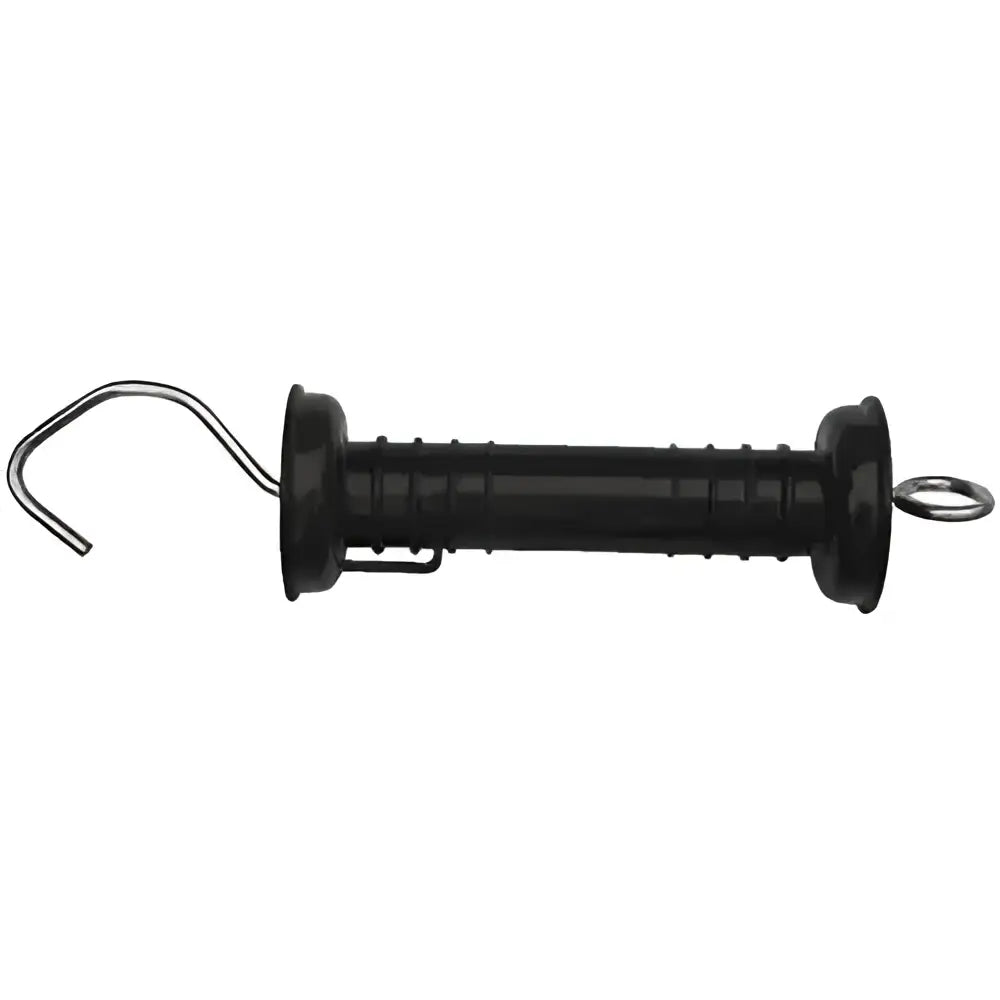 Black plastic electric fencing gate handle with metal hook and ring featuring compressible compression spring