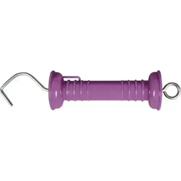 Purple plastic electric fencing gate handle with metal hook ring ends and compressible compression spring for farm gates