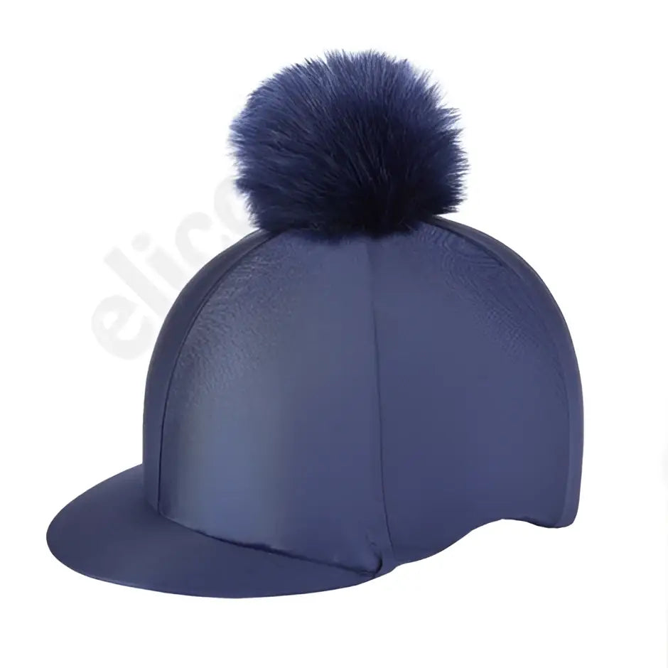 Navy blue elico aberford lycra riding hat cover with fluffy pom pom perfect for equestrian use