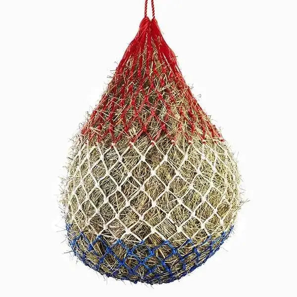 Red blue and beige woven handy polypropylene elico boscastle haynet with hanging loop showing boscastle haynet dimensions