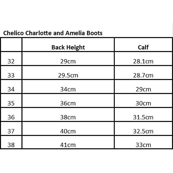 Elico charlotte kids riding boots size chart showing back height and calf measurements for sizes 32 to 38