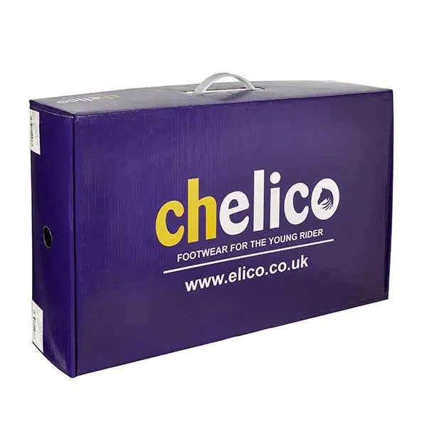 Purple cardboard shoebox with yellow and white elico branding and handle for elico charlotte kids riding boots