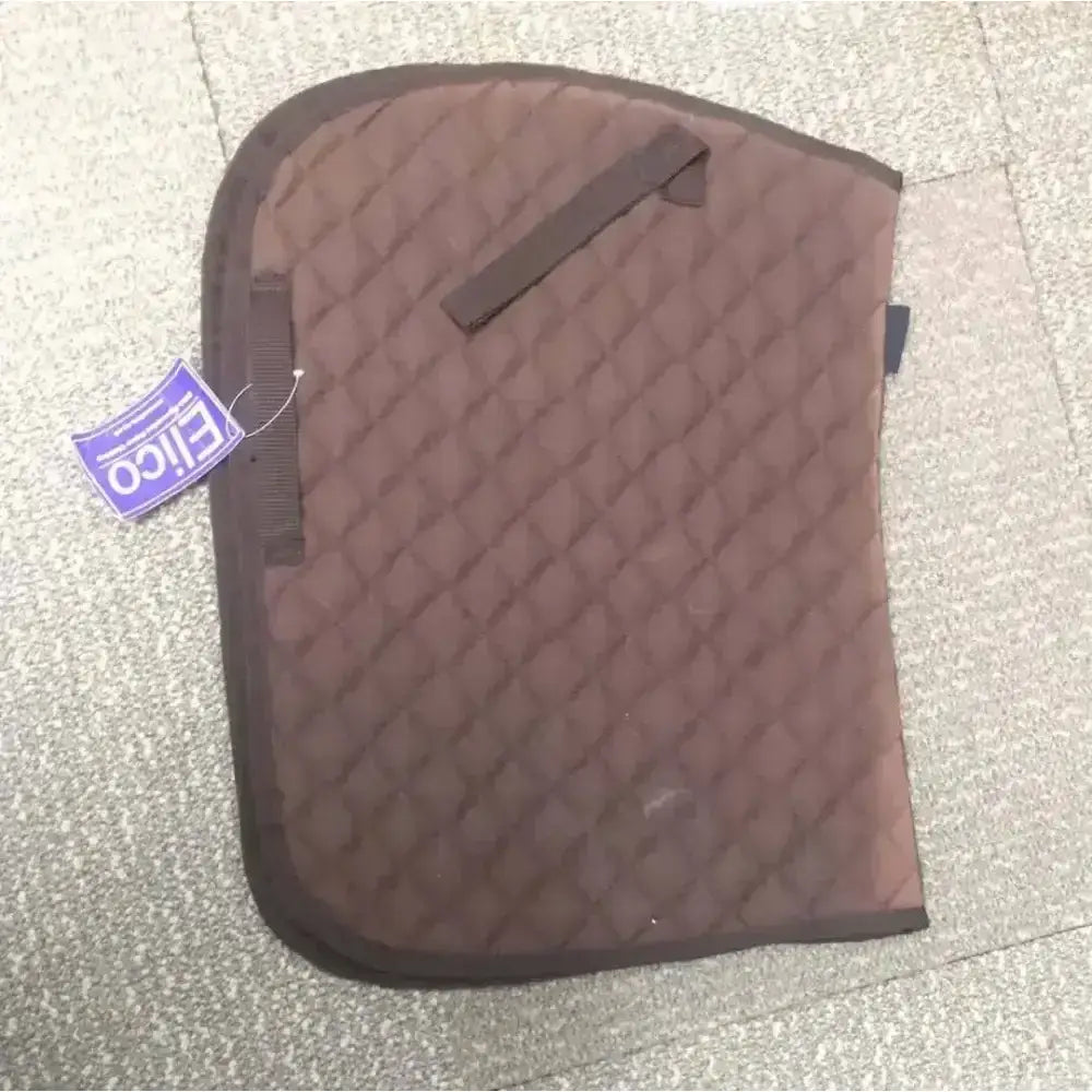 Brown elico cotton quilted saddlecloth with dark brown trim and purple elico brand tag for horse riding
