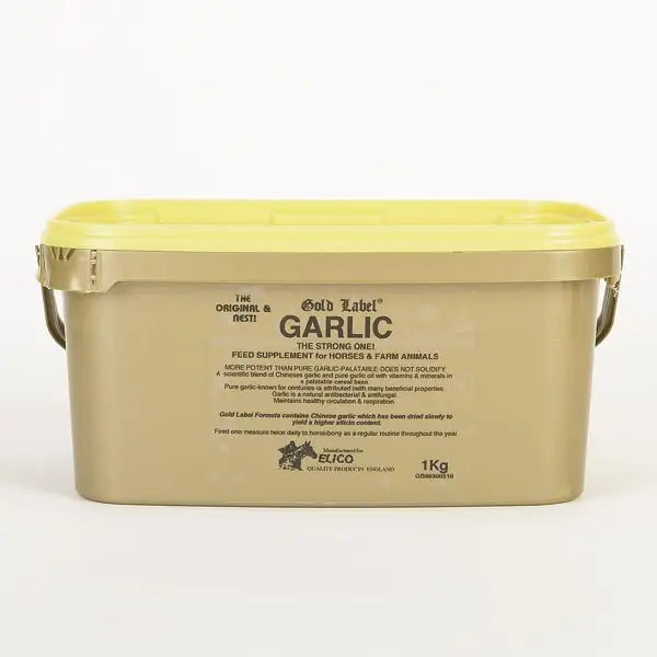 Beige plastic container of elico garlic powder feed supplement with bright yellow lid for clear respiration benefits