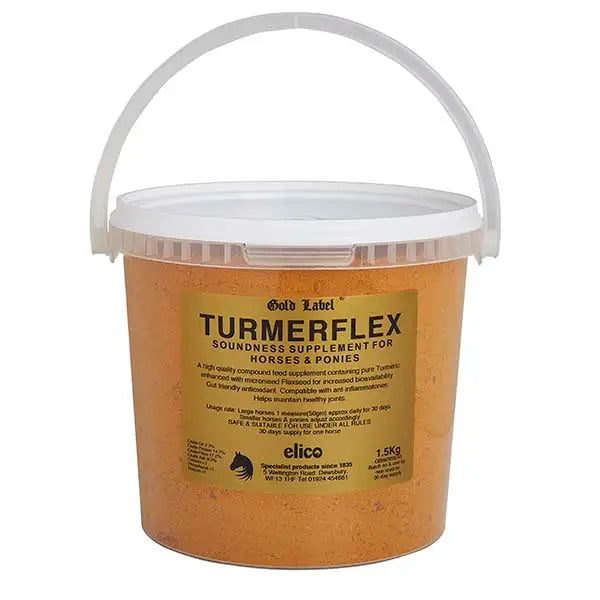 Elico gold label turmerflex 1.5kg orange powder container with white lid and handle for horse soundness supplement