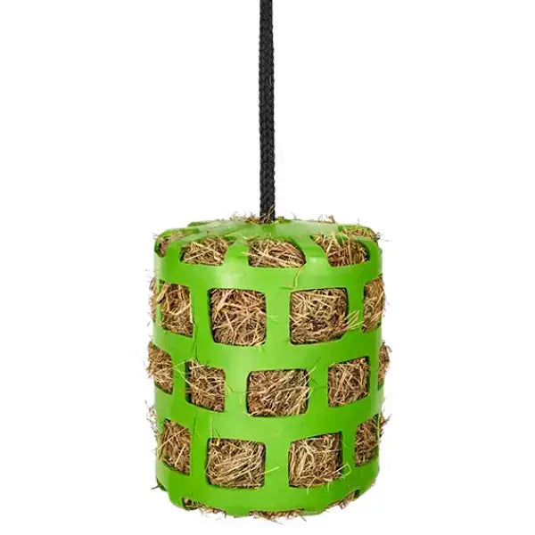 Bright green elico green rubber slow feder horse toy with woven mesh and black hanging rope for easy feeding