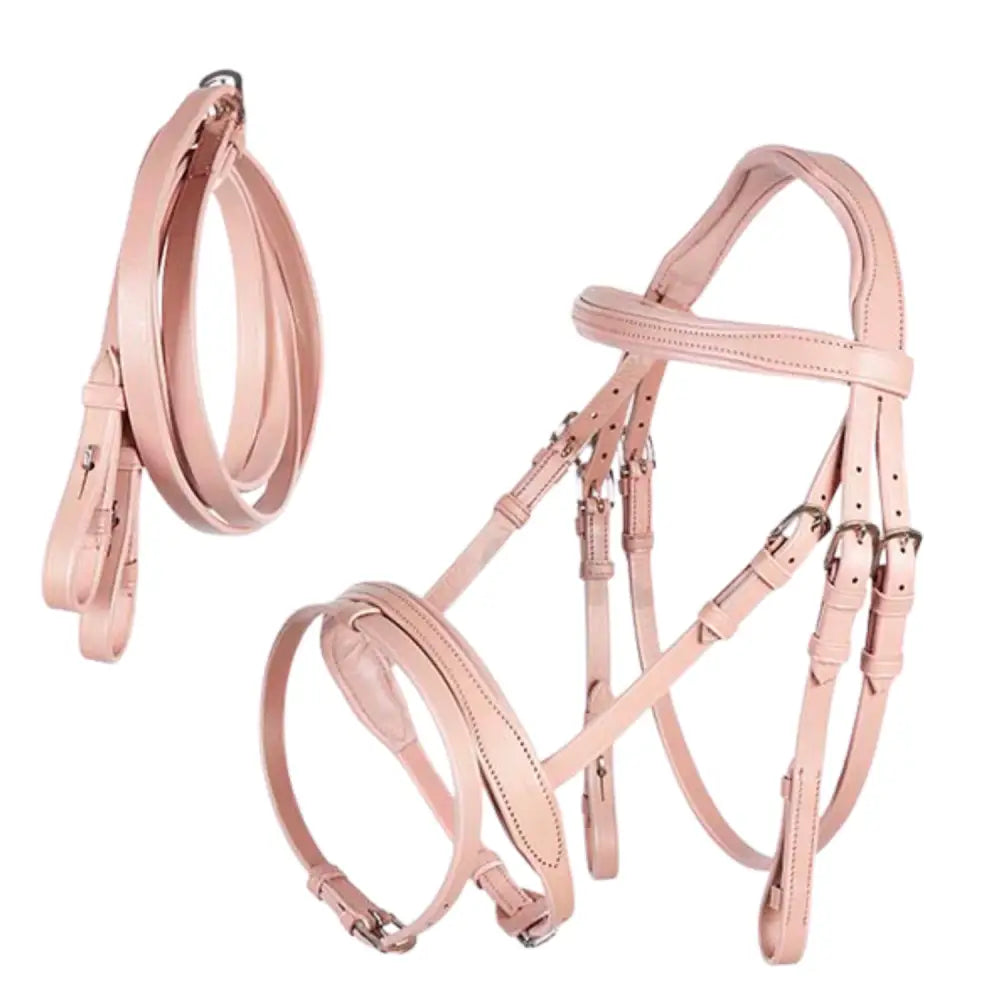 Pink leather horse headgear set with silver hardware from the elico olivia bridle with reins collection