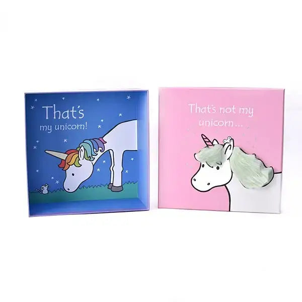 Two illustrated unicorn gift boxes in blue and pink featuring equestrian keepsake text that reads thats my unicorn