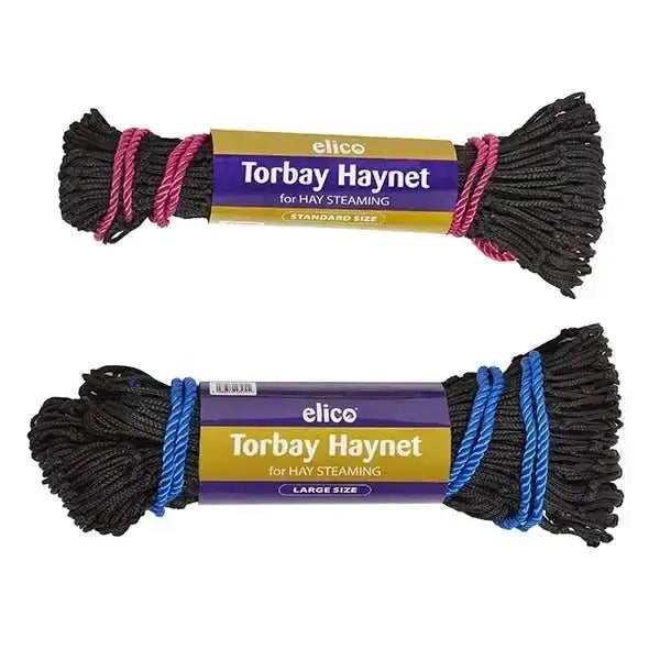 Black elico torbay haynet rope with pink or blue ties for hay steaming in branded packaging