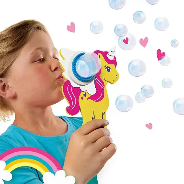 Yellow and pink elico unicorn bubbles blower with a blue circular blowing mechanism for fun bubble play