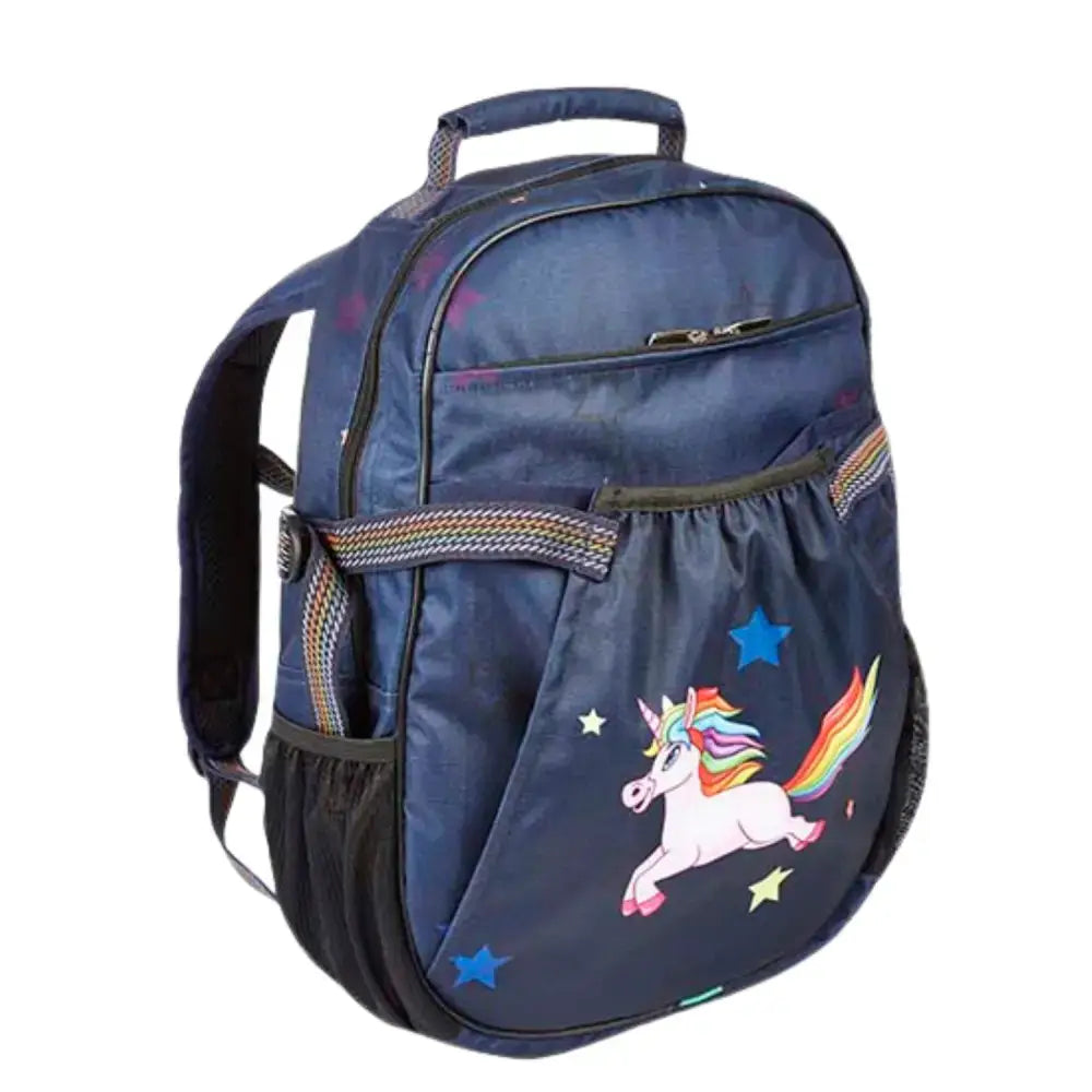 Navy blue elico unicorn rucksack with a colorful unicorn and stars perfect for school or casual use