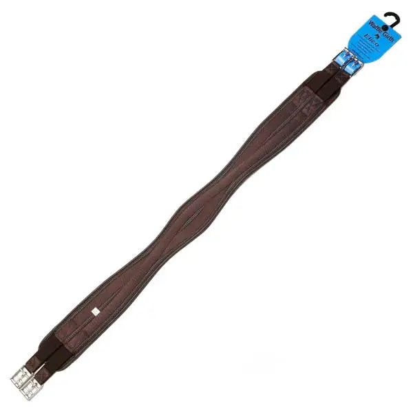 Brown leather elico waffle cushion elasticated girth with silver buckles and blue tag for breathable synthetic waffle use