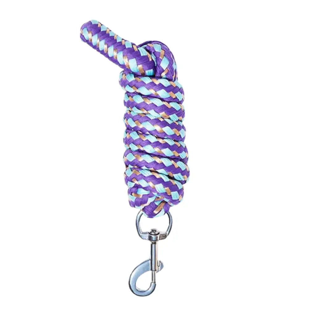 Purple and light blue braided horse lead with silver clip from elico warwick rope purple sky gold collection