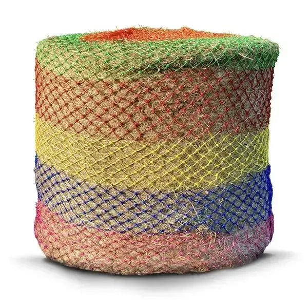 A cylindrical pouf upholstered in multicolored woven mesh with horizontal bands in the elico wild boar field haynet design