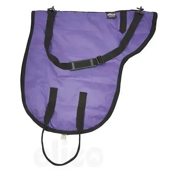 Purple elico york saddle carrying bag with black straps and zipper closure for easy saddle transport