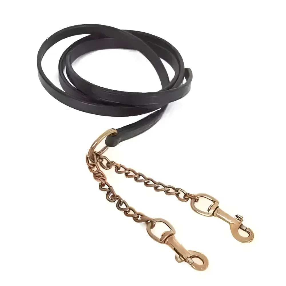 Black leather english lead with quality brass hardware showing hand leading reins split brass chain detail