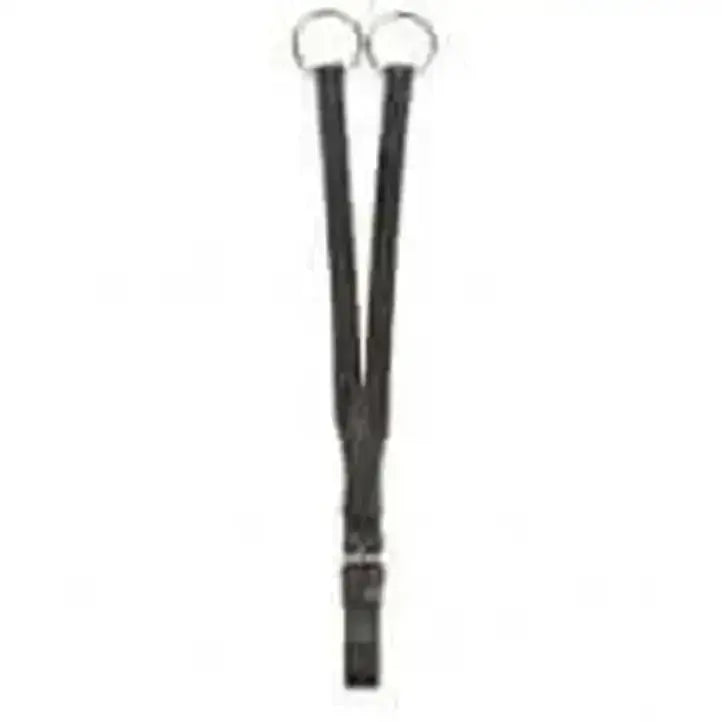 Black leather running martingale attachment with two metal rings and buckle closure for english leather running gear