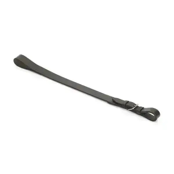 Black leather standing martingale strap with metal buckle and looped ends made from quality english leather