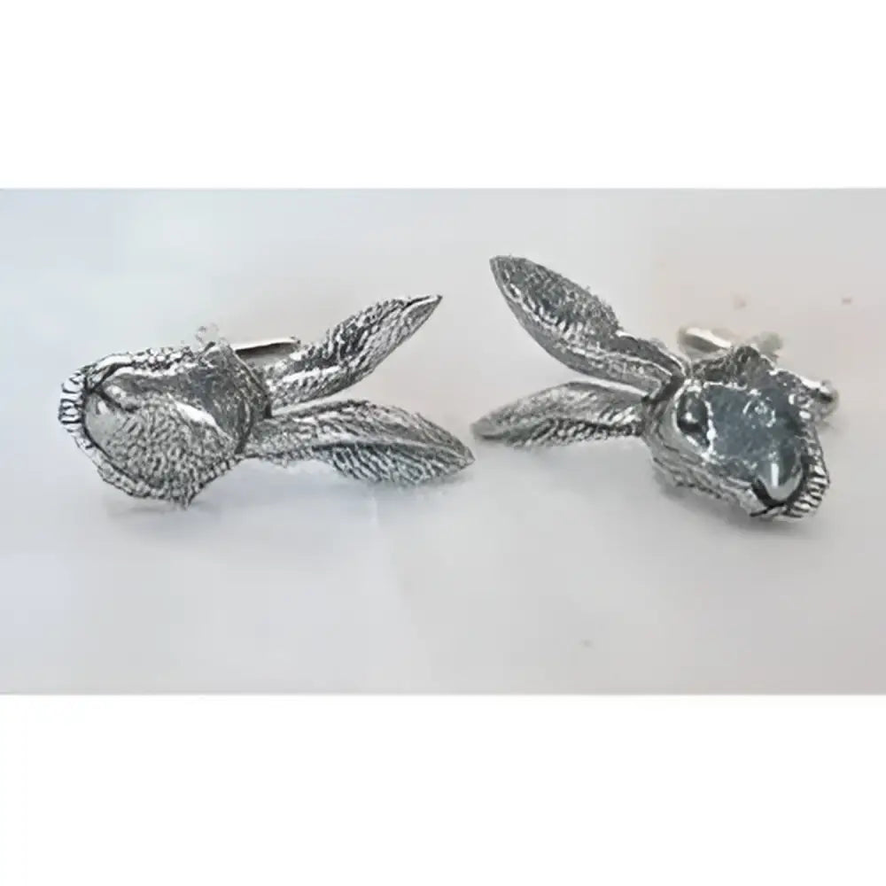 Silver english made hares head pewter cufflinks shaped like rabbits with detailed textured fur and ears