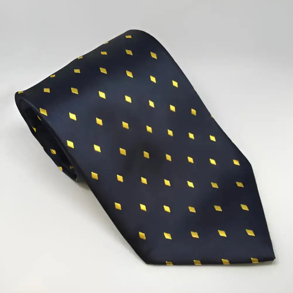 A navy blue silk equetech adult diamond riding tie with shiny gold diamond showing ties pattern