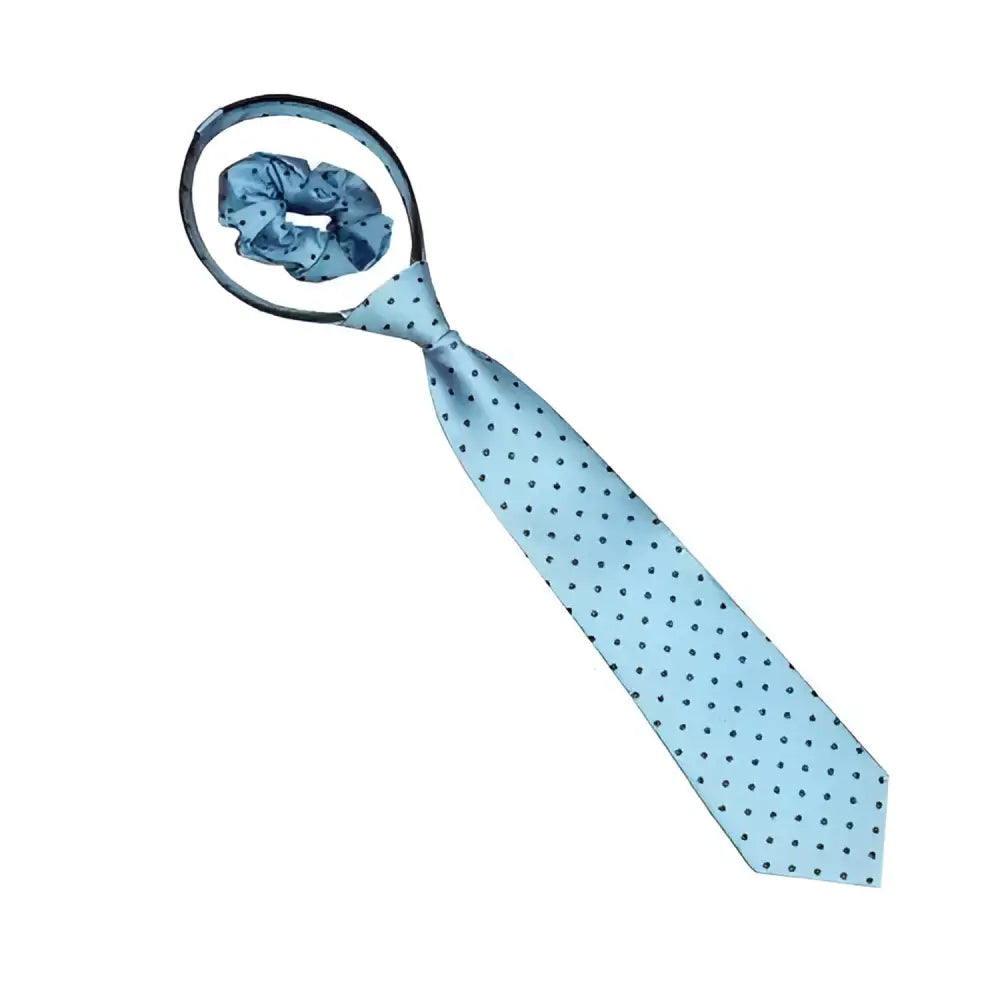 Light blue equetech adult polka dot zipper tie with matching scrunchie attached to loop riding ties style