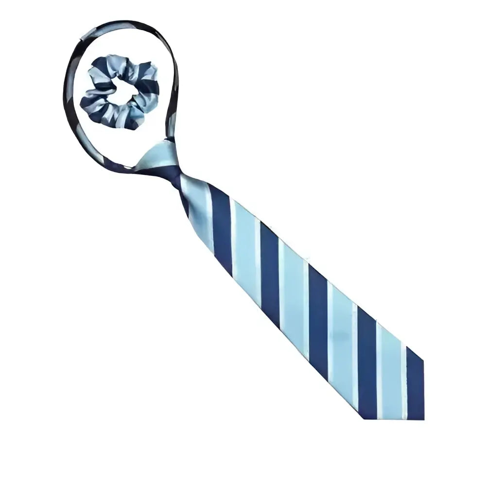 Equetech adult polka dot zipper tie in light blue and navy stripes with matching scrunchie perfect for riding ties use