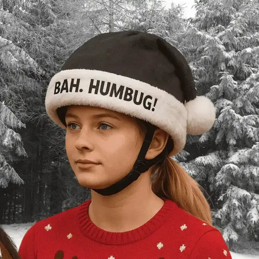 Black and white equetech bah humbug humbug christmas hat silk skull cap perfect for festive rides