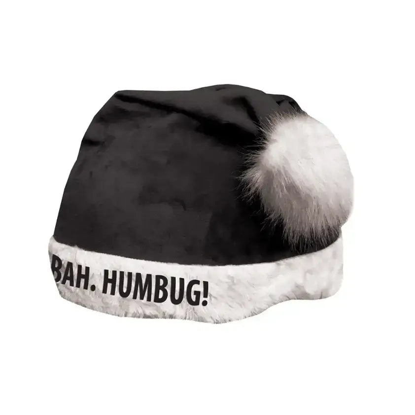 Black velvet equetech bah humbug skull cap with white faux fur trim pom-pom and bah text christmas hat