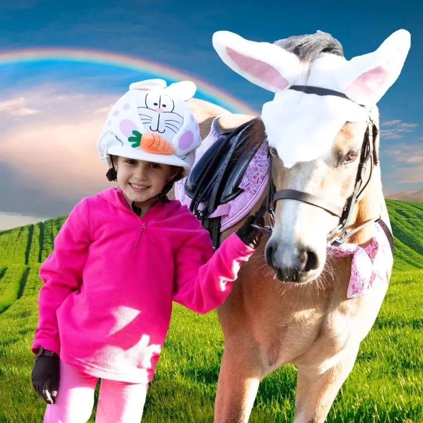 White equetech bunny horse ear bonnet with pink inner ears and carrot design for horses