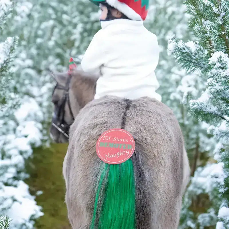 A festive green equetech cheeky elf tail tassel attached to horse mane with a pink elf status naughty sticker