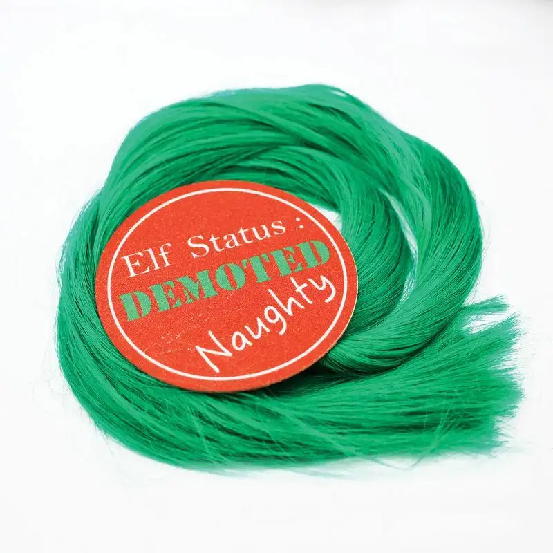 Vibrant green synthetic equetech cheeky elf tail tassel coiled with orange label elf status demoted naughty