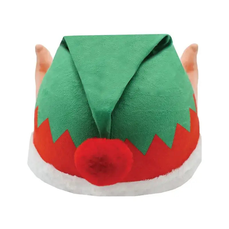 Green plush cheeky elf hat with red trim white faux fur brim pom-pom from equetech cheeky elf silk collection