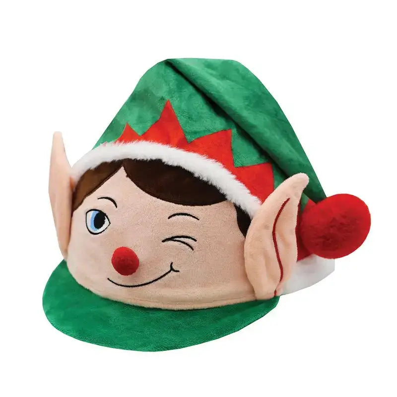 A plush green silk cheeky elf hat by equetech with a smiling face red nose and pointed ears