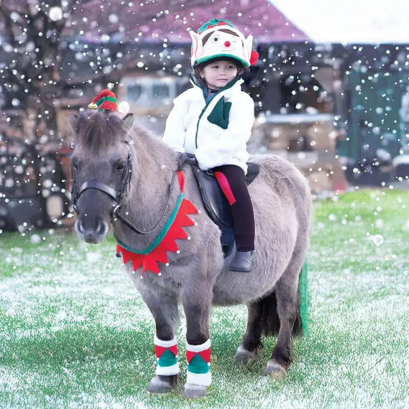 A gray pony wearing a festive silk elf hat and equetech cheeky elf red and green holiday gear including leg wraps