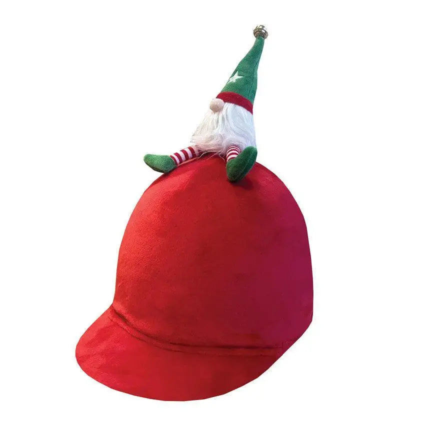 Red silk equetech childs gonk elf christmas hat with a green and white gnome plush on top